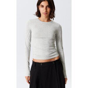 Weekday T-Shirt Womes SLIM FITTED Long Sleeve Crewneck Cotton Solid BLUE GRY XXS